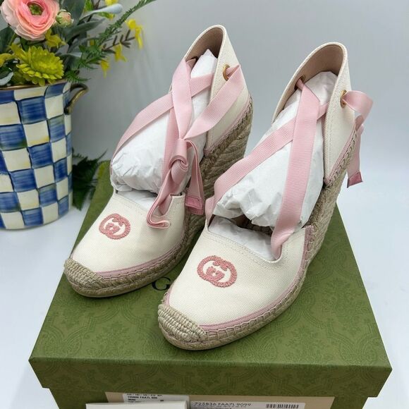 Women’s Gucci white/pink wedge Espadrilles size 40 made in Spain - Picture 1 of 9